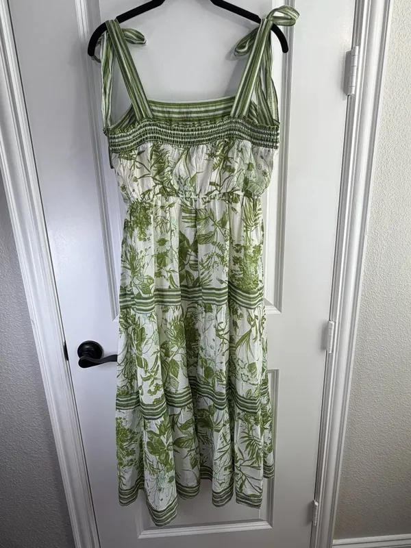 Sweet Wanderer Green Botanical Print Tie-Shoulder Tiered Midi Dress - Image 4