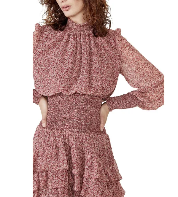 Bardot Dress Georgette Soft Floral Tiered Shirred Mini Long Sleeve Pink M - Image 3