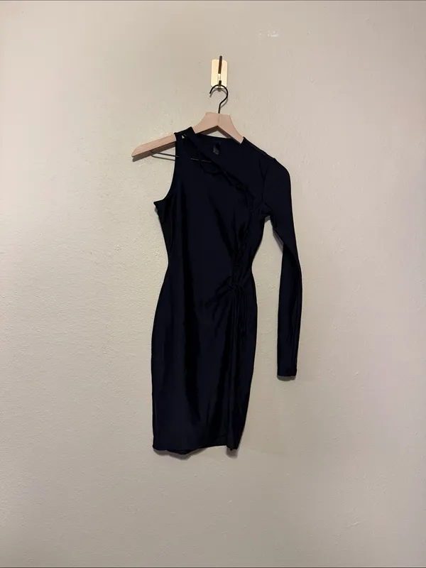 Skims Lace Up Mini Dress Black Onyx One Shoulder Bodycon Stretch Size Small - Image 5