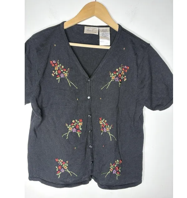 Vintage KATHIE LEE Womens Large Cardigan Sweater Short Sleeve Black Embroidered - Image 2