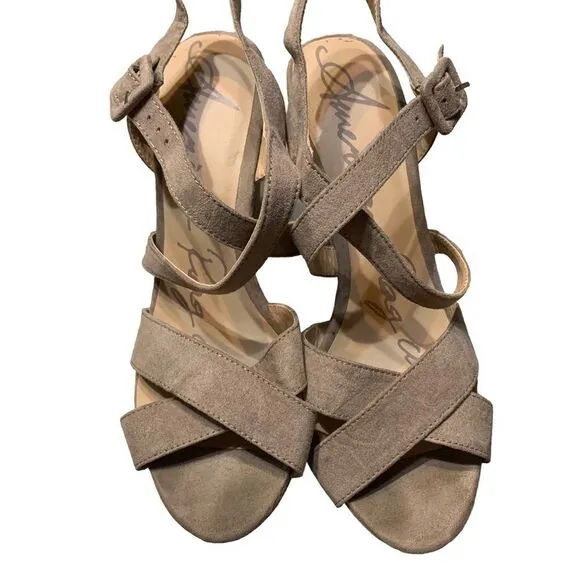 American Rag Wedge Sandals‎ Tan 6 Strappy Faux Suede Platform - Image 4