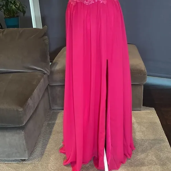 Women’s Pink Full Length Prom Party Dress Lace Appliqué Spaghetti Straps Size 8 - Image 4
