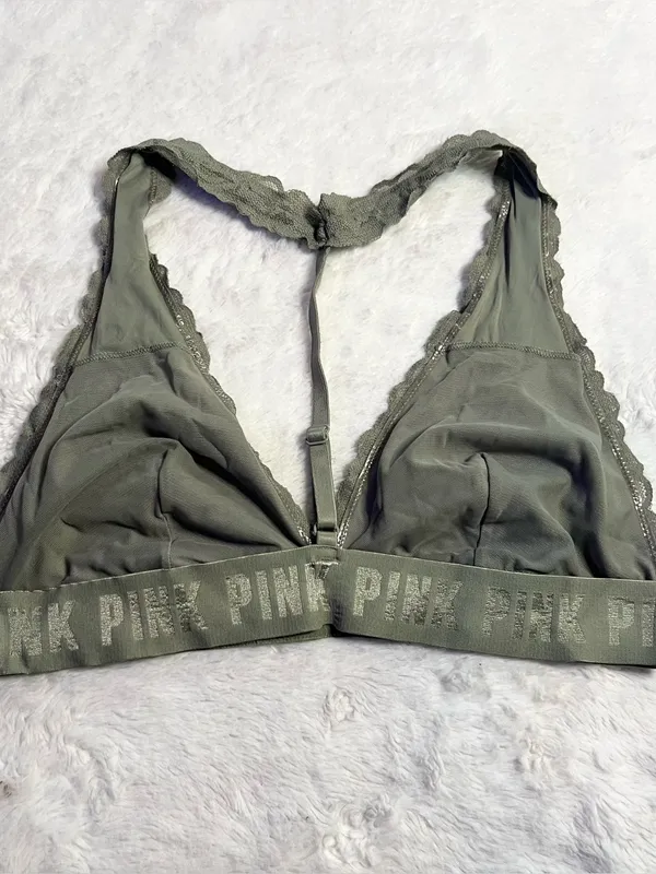 VS PINK Olive Green Lace T-Back Bralette Size Medium Wireless Comfort Bra - Image 6