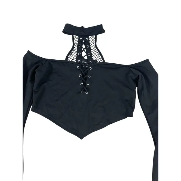 Killstar Black Gothic Crop Top Bell Sleeve Lace Up Choker Neck Witchy Emo M - Image 3