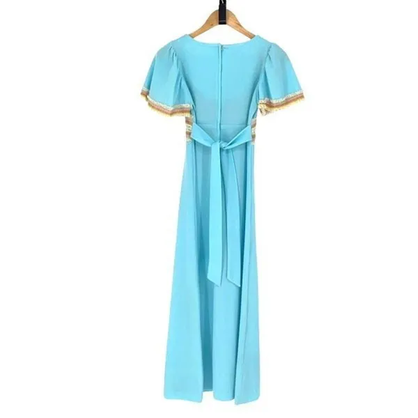 Allegro NY Vintage 70's Dress Light Sky Blue Empire Waist Maxi Crochet Detail Si - Image 5