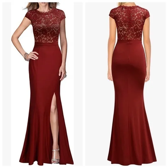 REPHYLLIS Maroon Retro Floral Lace Vintage Wedding Maxi Formal Long Dress - Image 2