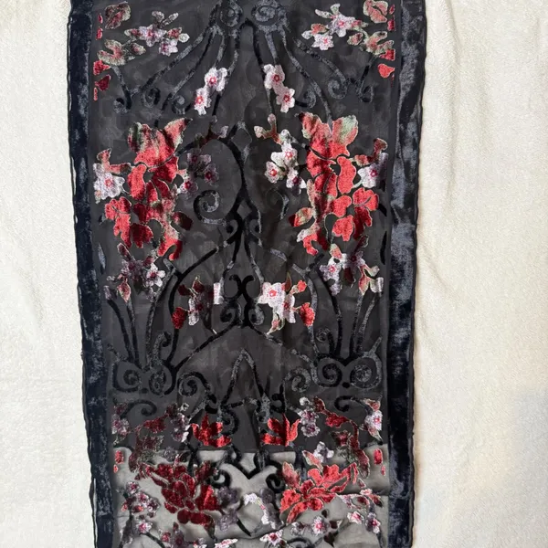 100% Silk Burnout Velvet Scarf Womens Black Red Floral Devore Wrap Whimsigoth - Image 2