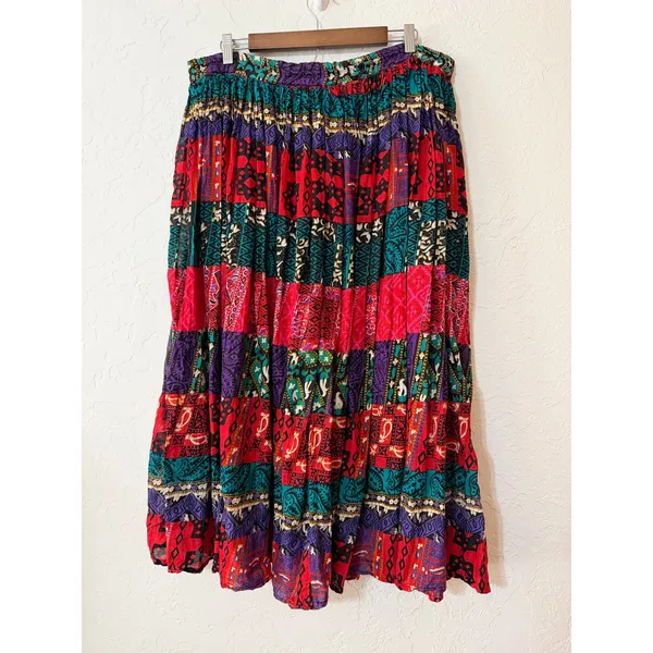 Vtg Christine Parker Cotton Block Print Faux Patchwork Maxi Skirt M Drawstring - Image 2