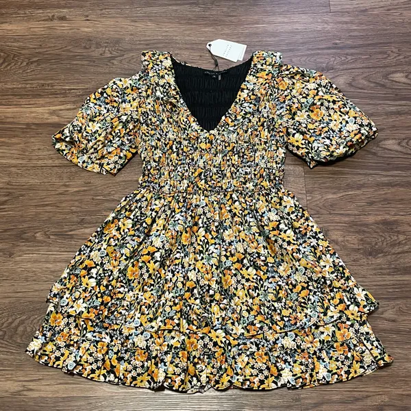 NWT Plunge Smocked Cotton Floral Mini Dress Yellow Black Blue XS - Image 9