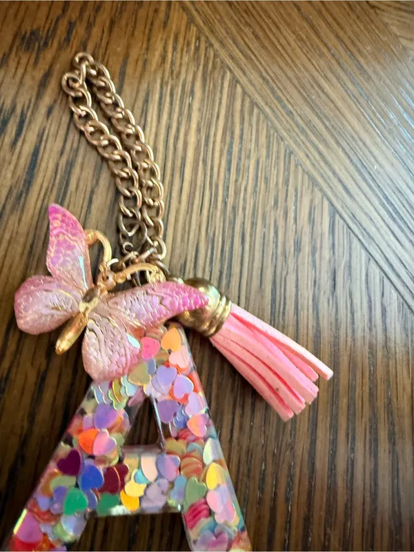 Yika Letter A Initial Keychain Resin Charm w/ Butterfly Tassel Pendant Pink NWOT - Image 5