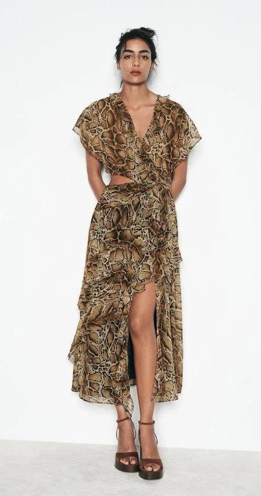 Zara maxi dress snake animal print mesh ruffled boho western casual summer - Image 10