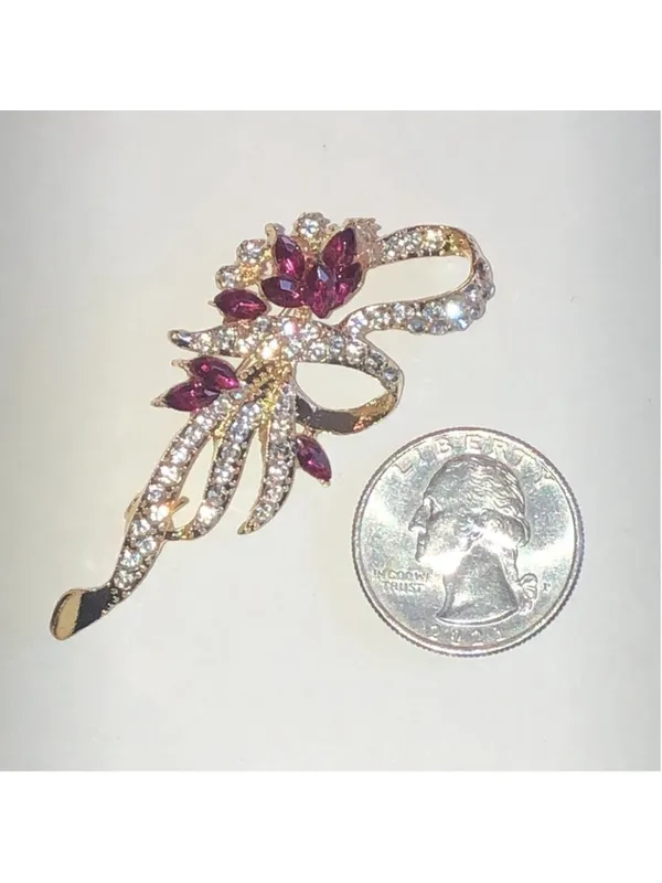 Elegant Gold Tone and Pink Rhinestone Floral Brooch - Image 3