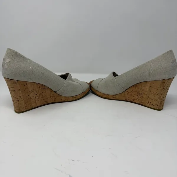 TOMS Canvas Peep Toe Wedge Sandal Oatmeal Natural Cork Heel Women Size 9 - Image 5