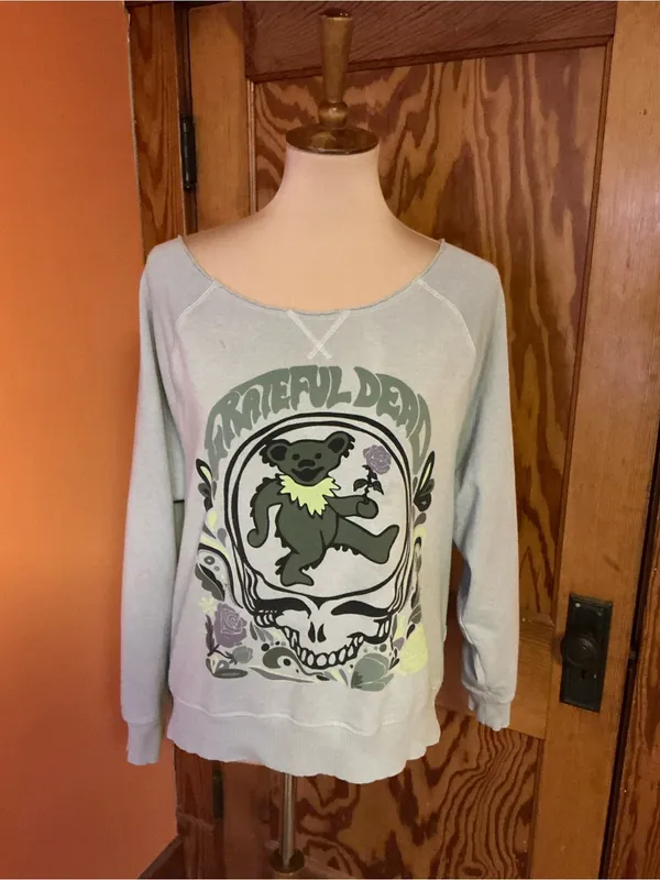 American Eagle Grateful Dead Bear Skull Sweatshirt XS Gray Lived-In Raw Edge - Image 5