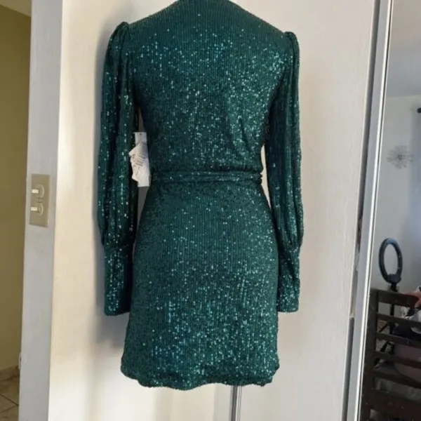 NEW AQUA Belted Sequin Dress GREEN emerald SMALL Formal Cocktail party - Image 10