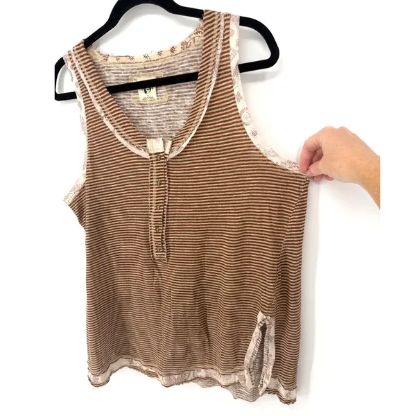 Free People Tank Top Striped Henley Medium Brown Linen Blend Boho Sleeveless - Image 4