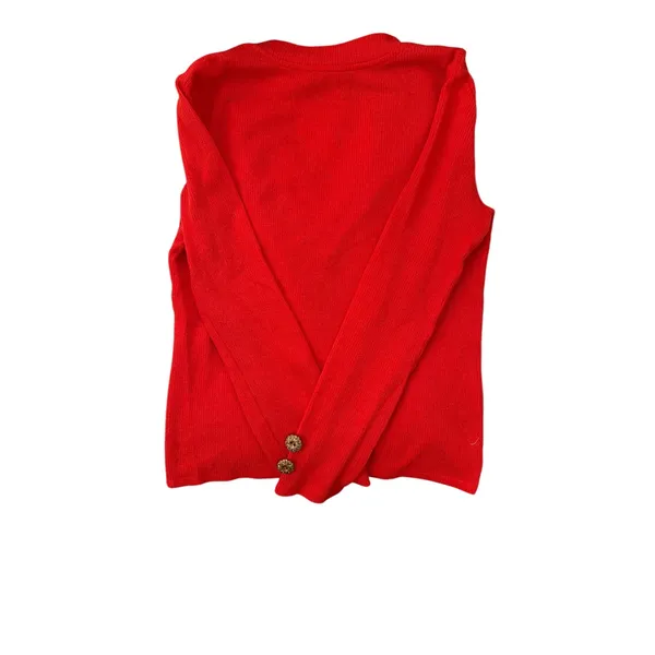 Zara Womens Red V-Neck Ribbed Knit Sweater Gold Filigree Button Cuff Size Medium - Image 6