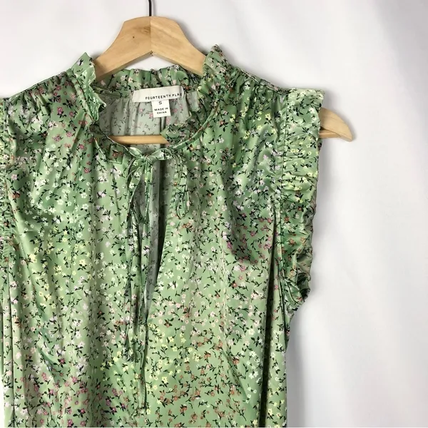 Nordstrom Fourteenth Place Alicia Sage Meadow Green Floral Satin‎ Midi Dress S - Image 5