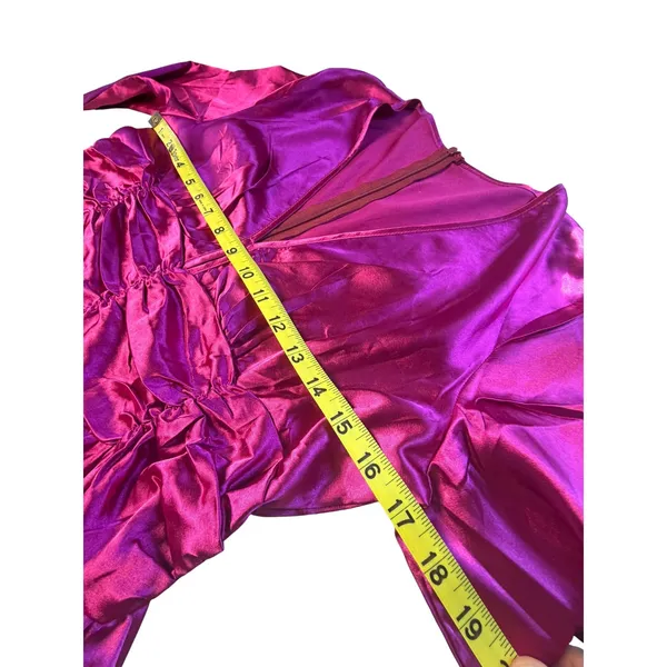 Magenta Pink Satin‎ Long Sleeve Ruched V-Neck Mini Dress S/M - Image 5