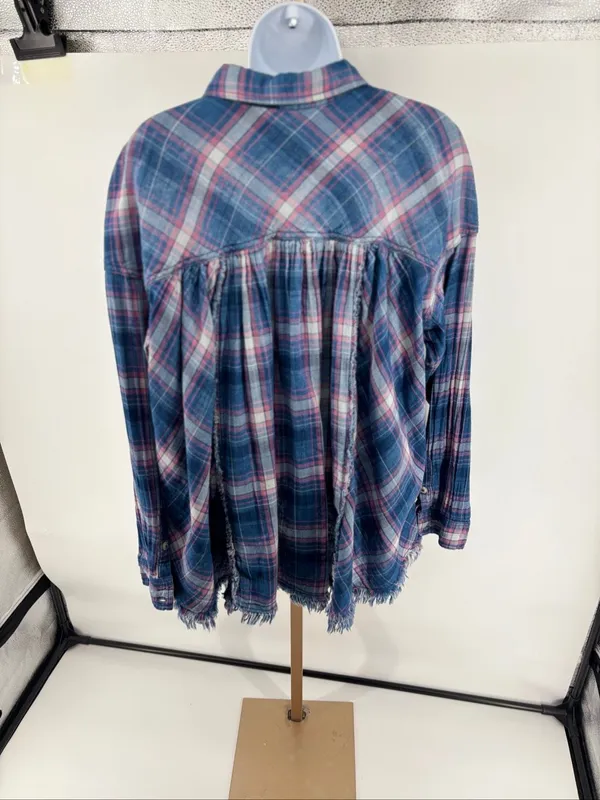 Free People Seeking Starlight Plaid Shirt Blouse Size M Boho Pink Blue Casual - Image 10
