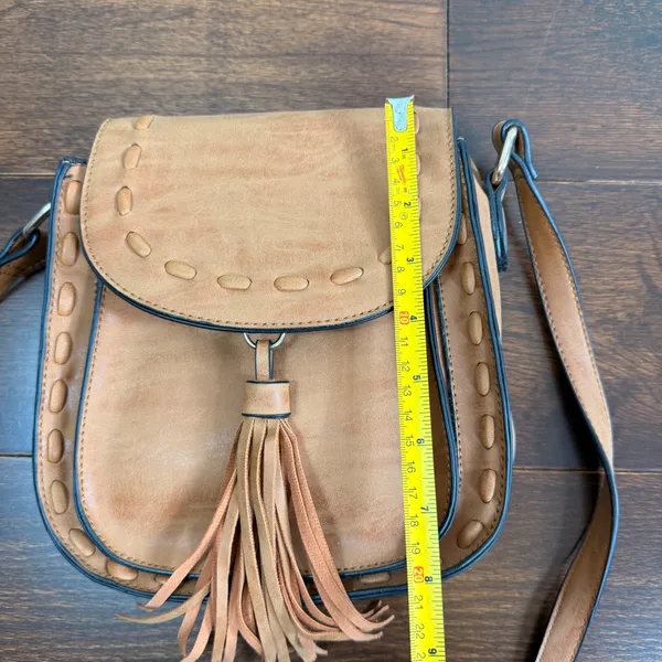Mellow World Brown Vegan Leather Whipstitch Tassel Crossbody Saddle Bag - Image 6