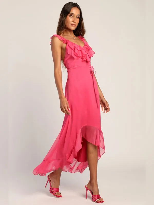 Lulus Enchanting Elegance Hot Pink Ruffled High-Low Maxi Dress Size Medium - Image 3
