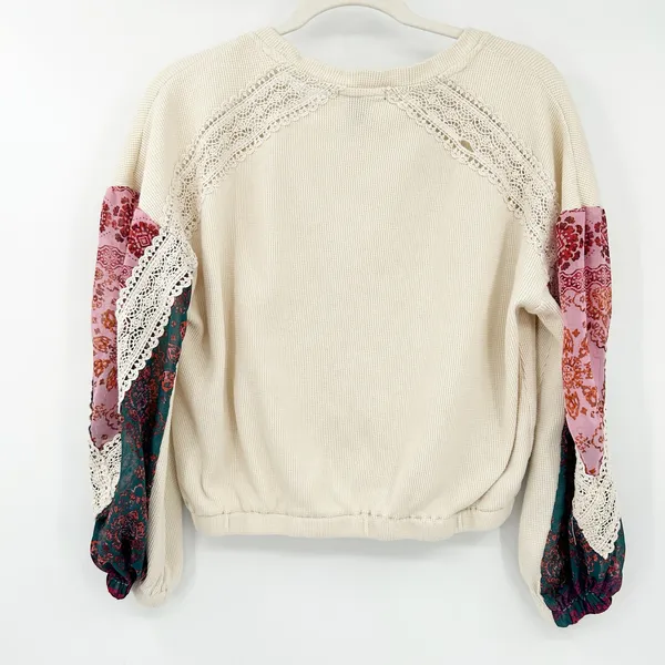 Forever 21 Womens Boho Artsy Waffle Knit Lace Crochet Balloon Sleeve Top‎ Size S - Image 7