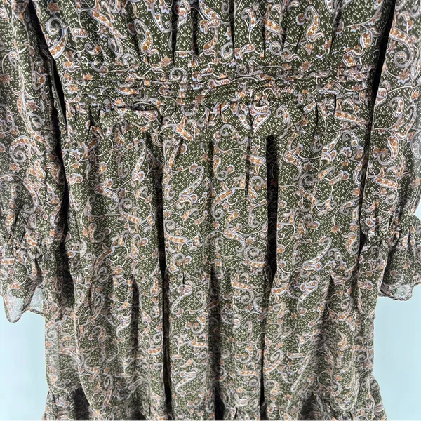 Love Riche Chiffon Olive Paisley Ruffle Long Sleeve Peasant Tiered Maxi‎ Dress M - Image 11