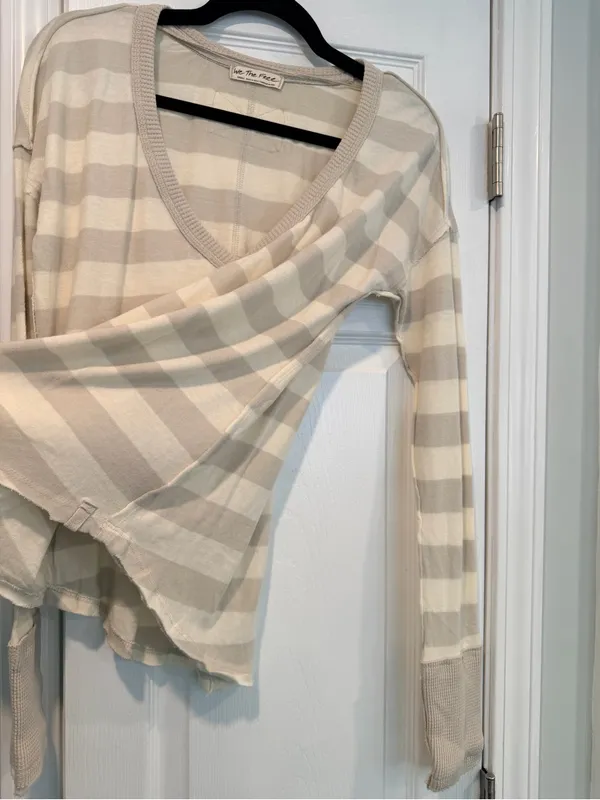 NWOT Free People We The Free Size S Tan Cream Striped Thermal Knit V Neck Top - Image 5
