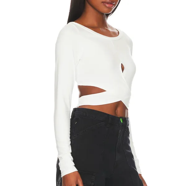Lovers + Friends White Wrap Crop Top XS Waist Tie Long Sleeve Cut Out $105 NEW - Image 2
