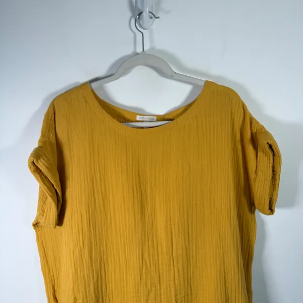 Eileen Fisher Dress 100% Organic Cotton Women Small‎ Yellow Gauze Shift Coastal - Image 3
