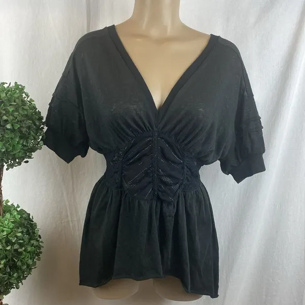 Free People Black Short Sleeve Gather Waist Top S - Image 2