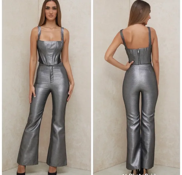 House of CB London Jas Silver Kick Flare Trousers Pants Size Medium - Image 3