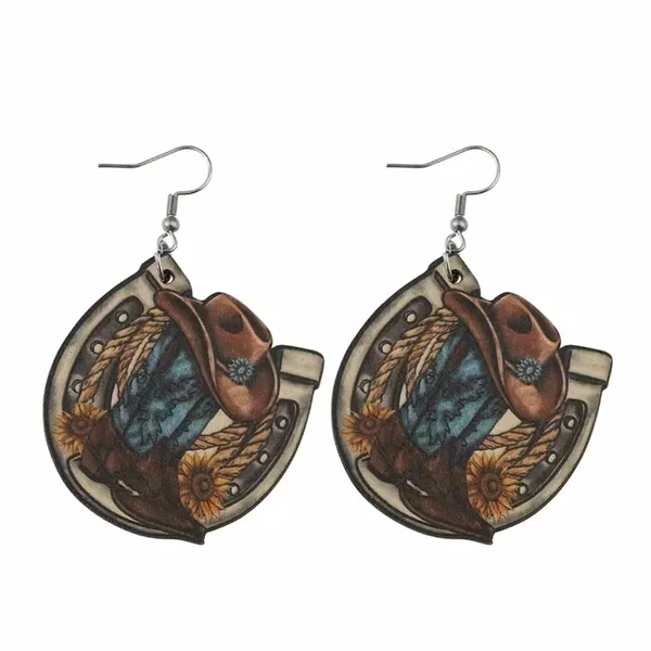 Western style wooden with‎ sunflower shape pattern drop hook earrings Brown - Image 3