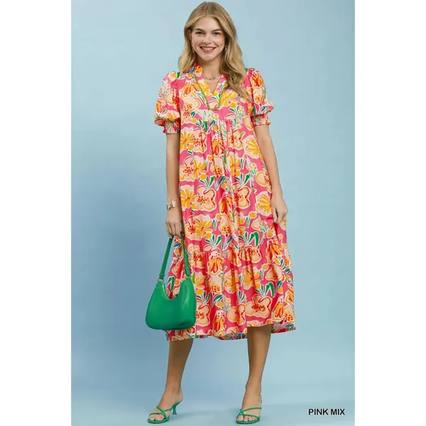 Umgee Floral Print Puff Sleeve Tiered Midi Dress - Pink Mix - Large - Image 2