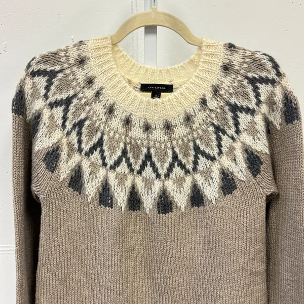 Ann Taylor Fair Isle Wool Mohair Blend Sweater Camel Grey White Small‎ - Image 3