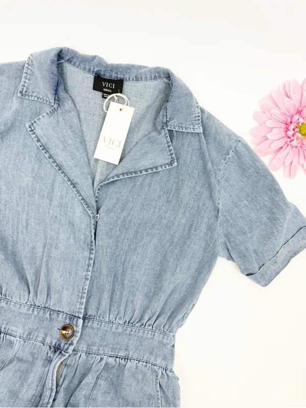 Vici Quiet Luxury Lightweight Chambray Denim Jumpsuit Coveralls Boiler Suit Blue - Image 7