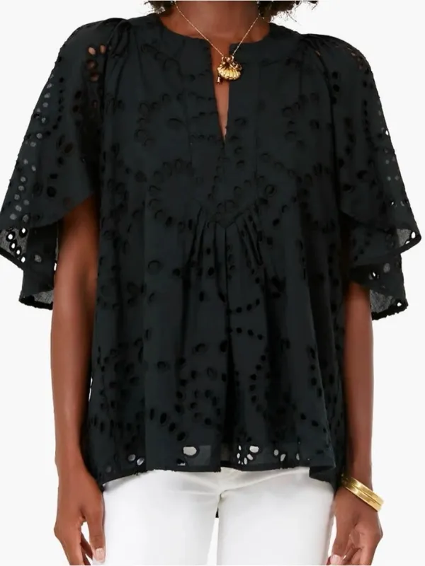 Tuckernuck Black Eyelet Finley Flutter Sleeve Top Cotton Size Medium - Image 2