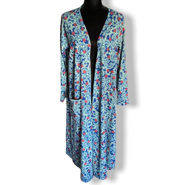 LuLaRoe Womens Duster Size Large Sarah Blue‎ Yellow Orange Paisley Knit Long NEW - Image 2