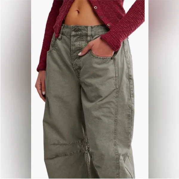 Free People Good Luck Barrel Leg Pants in Olive Green 24 - Image 3