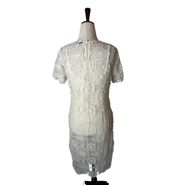 Ralph Lauren Crochet Lace Dress Women Medium Ivory Short Sleeve Shift Mini Retro - Image 7