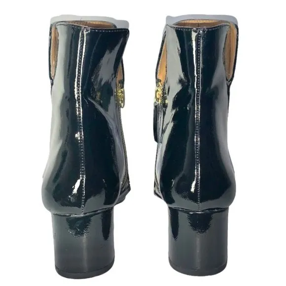 Zara Womens Black & Gold Patent Leather Almond Toe Chunky Block Heel Ankle Boots - Image 6