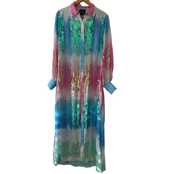 Retrofête Pastel Rainbow Sequin Dessa Maxi Dress‎ XS Long Sleeve Button Front - Image 3