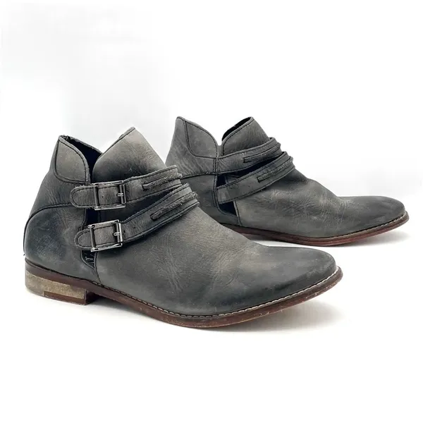 Free People Braeburn Distressed Gray Leather Ankle Boots 37 Double Buckle Strap - Image 6