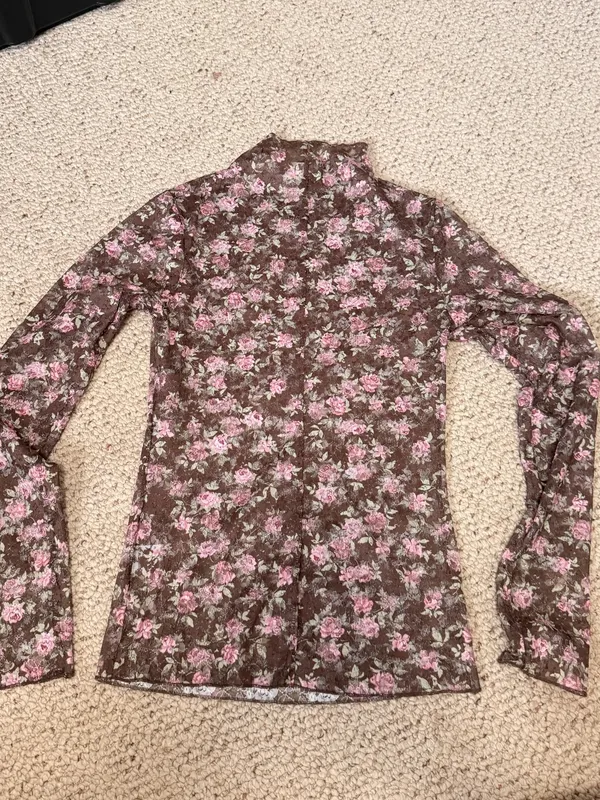 New In Floral Mesh Mock Neck Top Brown‎ Pink Rose Print M - Image 4