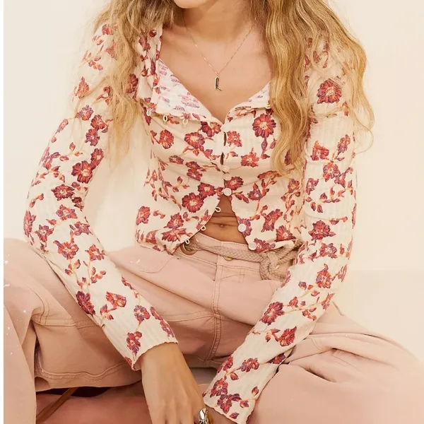 NEW Free People Tilly Tea Combo Ivory Floral Button Cotton Long Sleeve Top XS - Image 3