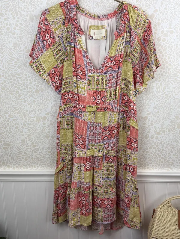 Anthropologie Pink and Yellow Robin Tiered Patchwork Mini Dress - Size - Small - Image 8