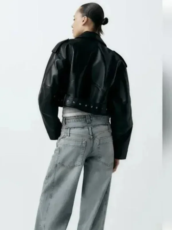 Zara Black Vegan Faux Leather Cropped Biker Moto Jacket Belted - Image 3