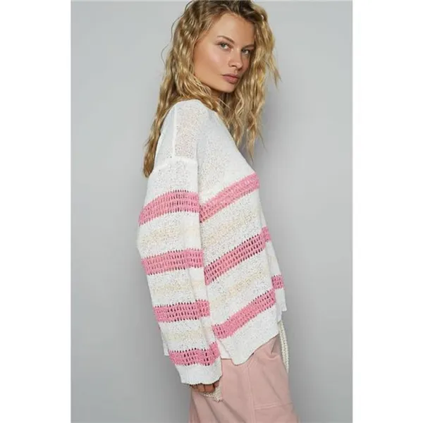 POL Striped Openwork‎ Round Neck Knit Top - Image 3