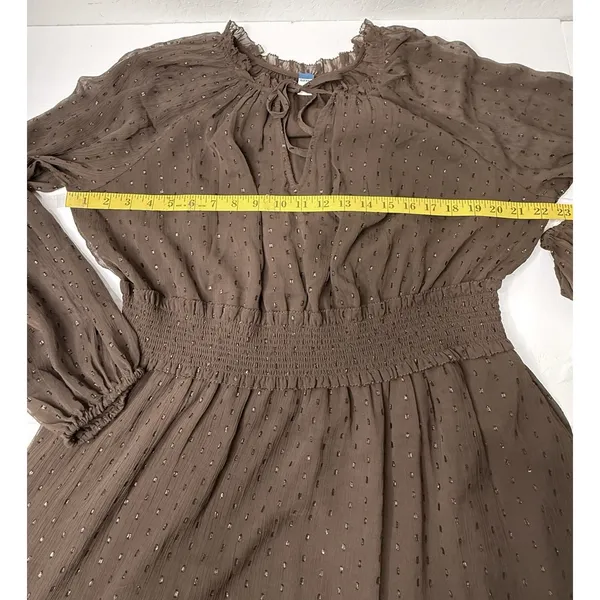 Old Navy Brown Metallic Dot Mini Dress XL Smocked Waist Chiffon Fit Flare 812952 - Image 5